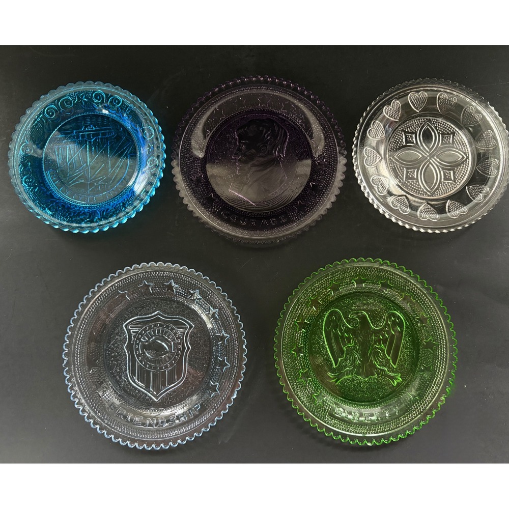 Vintage Pressed Glass Cup Plates Set 5 Butter Pats Coasters Liberty Eagle Ship